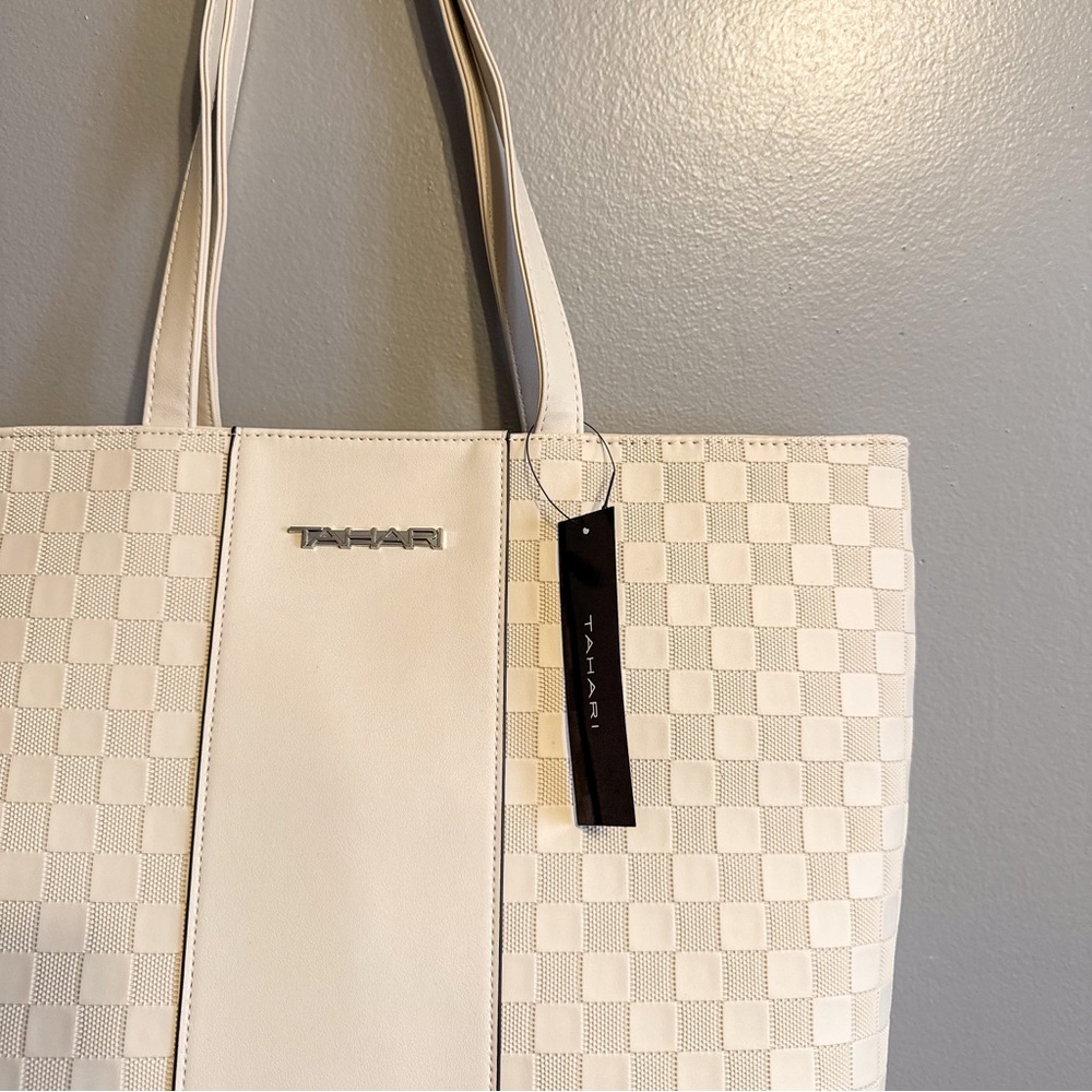 Tahari Delta Shopper Tote Bag Bone Checkered NWT Large Shoulder Bag - Picture 2 of 5